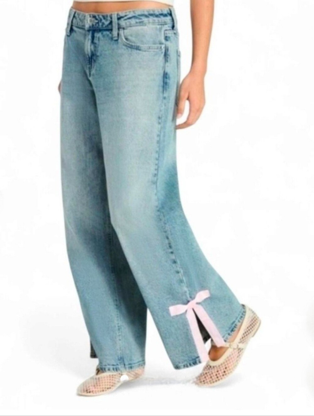 NoBo Low Rise Bow Detail Side Slit Wide Leg Baggy Y2K Stonewash Jeans Sz 10 NWOT